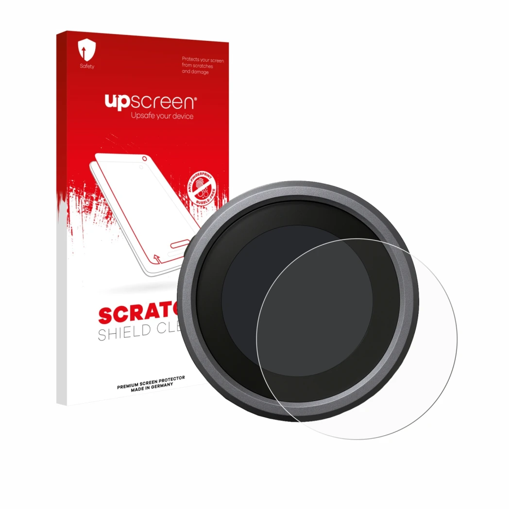 Parte frontal de un envase de producto con el logotipo de la marca upscreen. Al lado se muestra el dispositivo Honda CL500 con