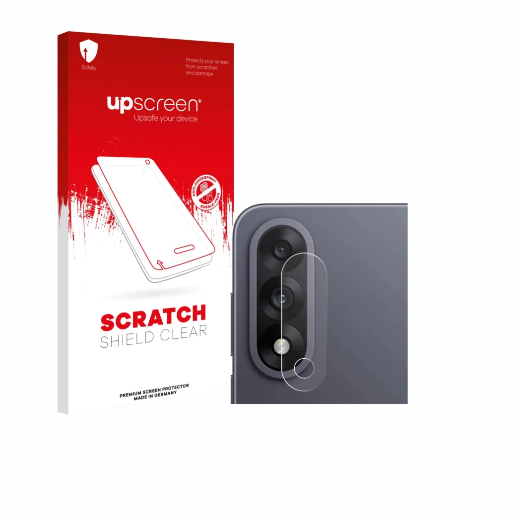 Parte frontal de un envase de producto con el logotipo de la marca upscreen. Al lado se muestra el dispositivo OnePlus Nord 5 