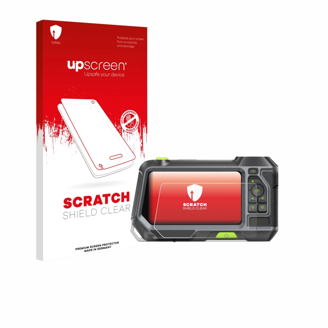 Parte frontal de un envase de producto con el logotipo de la marca upscreen. Al lado se muestra el dispositivo Teslong NTS500
