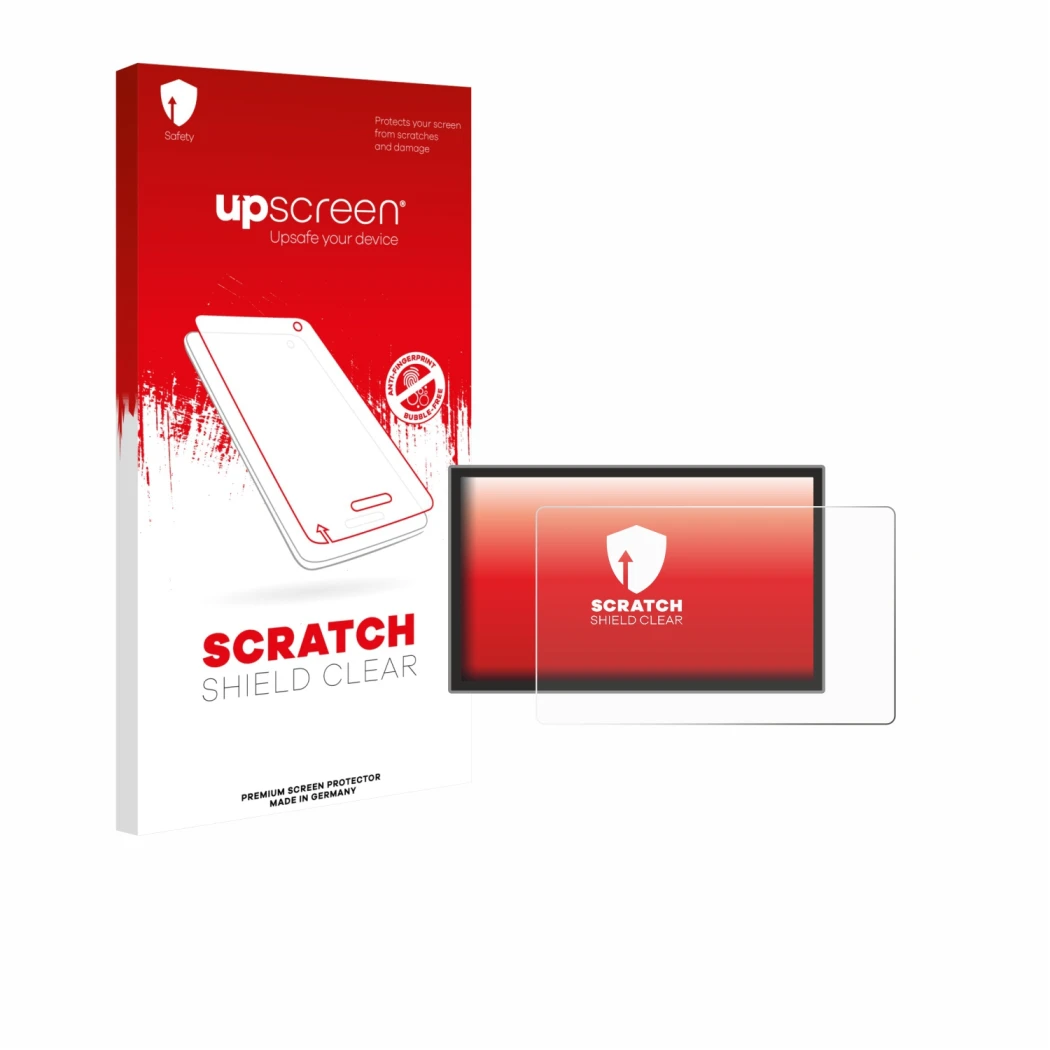 Parte frontal de un envase de producto con el logotipo de la marca upscreen. Al lado se muestra el dispositivo Leapmotor C10 2