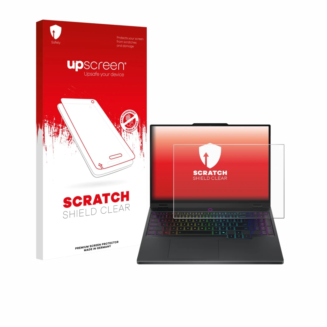 Parte frontal de un envase de producto con el logotipo de la marca upscreen. Al lado se muestra el dispositivo Lenovo Legion 5