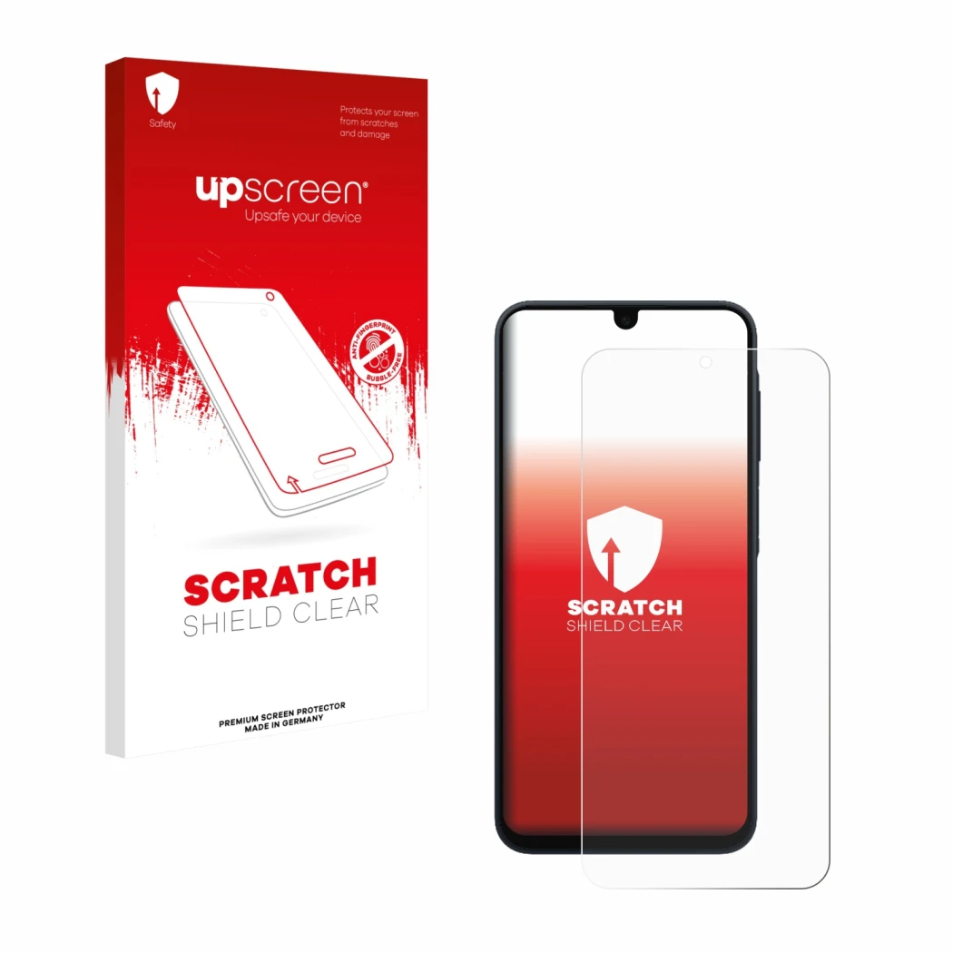 Parte frontal de un envase de producto con el logotipo de la marca upscreen. Al lado se muestra el dispositivo Samsung Galaxy