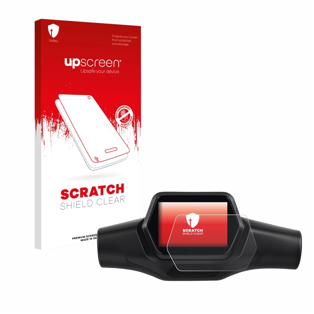 Parte frontal de un envase de producto con el logotipo de la marca upscreen. Al lado se muestra el dispositivo Segway Ninebot 