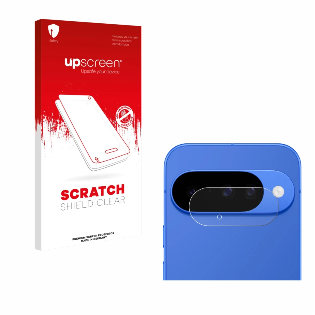 Parte frontal de un envase de producto con el logotipo de la marca upscreen. Al lado se muestra el dispositivo Google Pixel 10