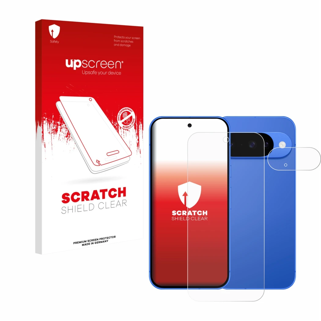 Parte frontal de un envase de producto con el logotipo de la marca upscreen. Al lado se muestra el dispositivo Google Pixel 10