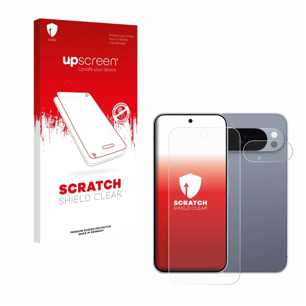 Parte frontal de un envase de producto con el logotipo de la marca upscreen. Al lado se muestra el dispositivo Google Pixel 10