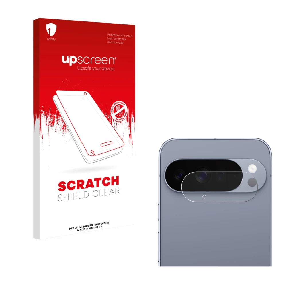 Parte frontal de un envase de producto con el logotipo de la marca upscreen. Al lado se muestra el dispositivo Google Pixel 10