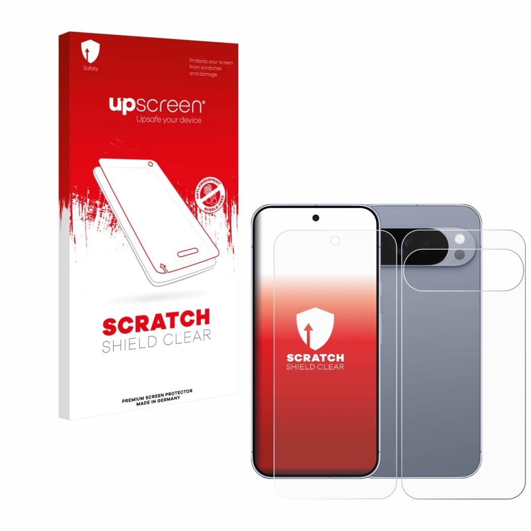 Parte frontal de un envase de producto con el logotipo de la marca upscreen. Al lado se muestra el dispositivo Google Pixel 10