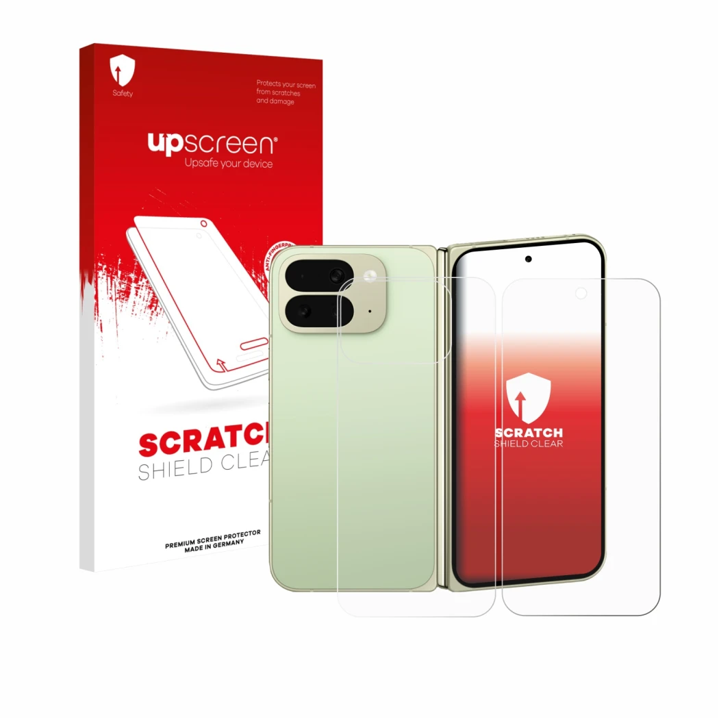 Parte frontal de un envase de producto con el logotipo de la marca upscreen. Al lado se muestra el dispositivo Google Pixel 10