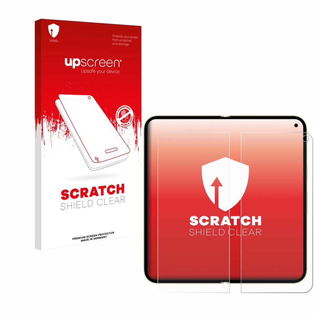 Parte frontal de un envase de producto con el logotipo de la marca upscreen. Al lado se muestra el dispositivo Google Pixel 10