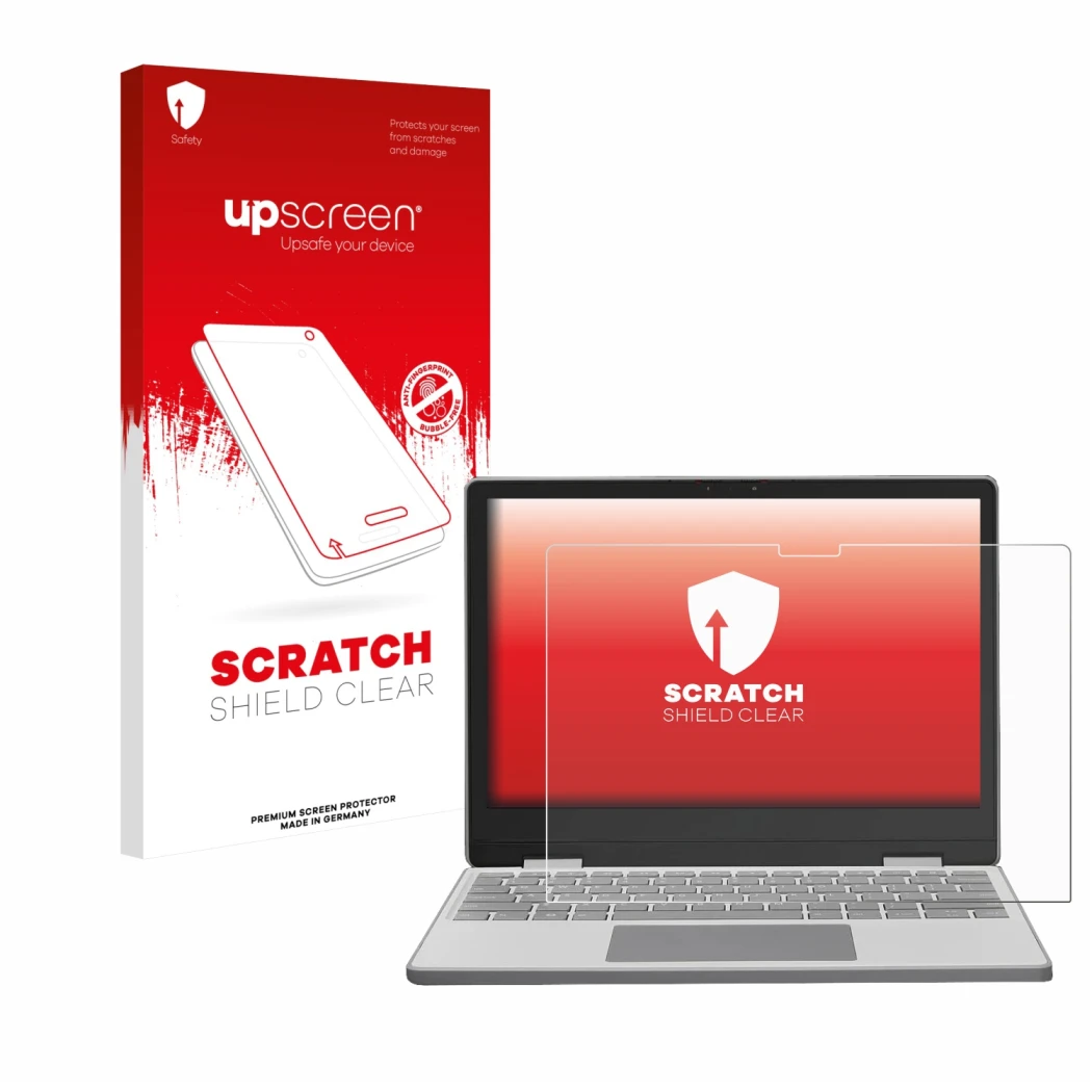 Parte frontal de un envase de producto con el logotipo de la marca upscreen. Al lado se muestra el dispositivo Framework Lapto