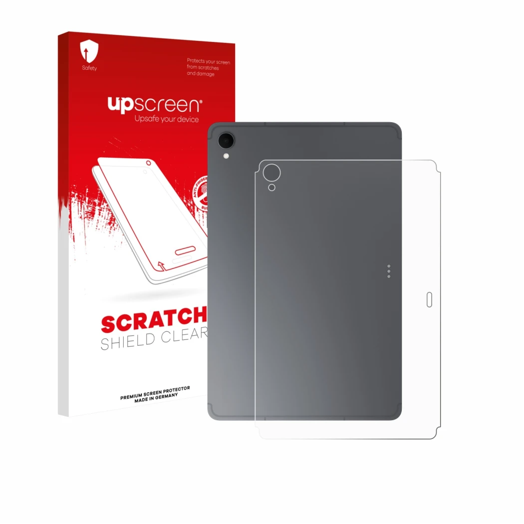 Parte frontal de un envase de producto con el logotipo de la marca upscreen. Al lado se muestra el dispositivo Samsung Galaxy 