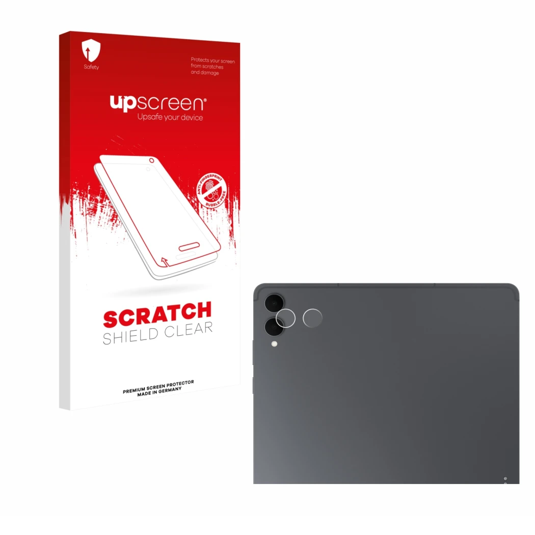 Parte frontal de un envase de producto con el logotipo de la marca upscreen. Al lado se muestra el dispositivo Samsung Galaxy 