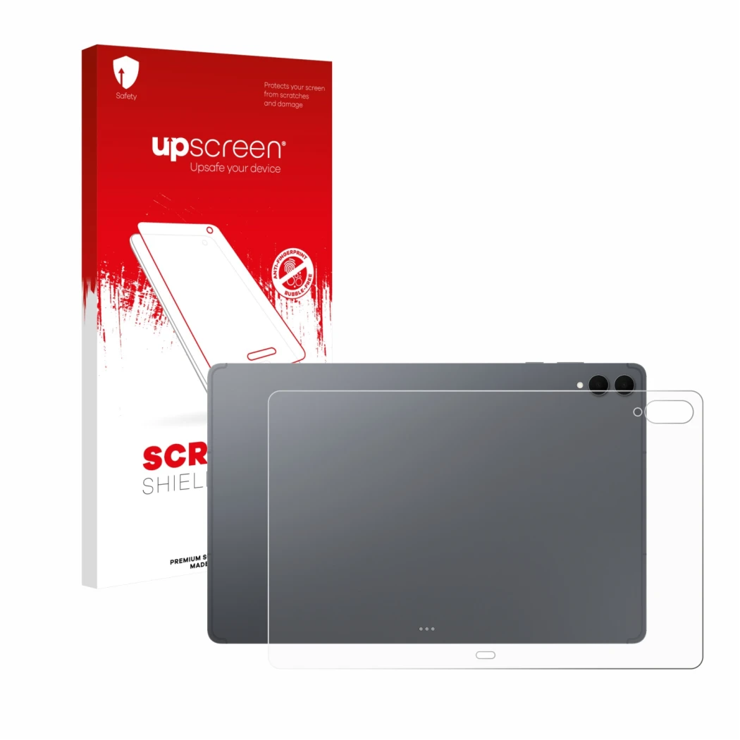 Parte frontal de un envase de producto con el logotipo de la marca upscreen. Al lado se muestra el dispositivo Samsung Galaxy 