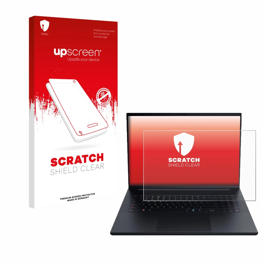 Parte frontal de un envase de producto con el logotipo de la marca upscreen. Al lado se muestra el dispositivo Razer Blade 18 