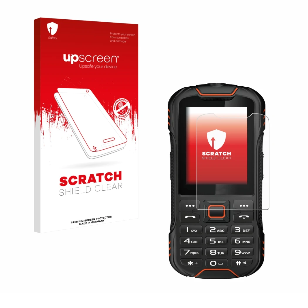 Parte frontal de un envase de producto con el logotipo de la marca upscreen. Al lado se muestra el dispositivo Gigaset GLX8 co