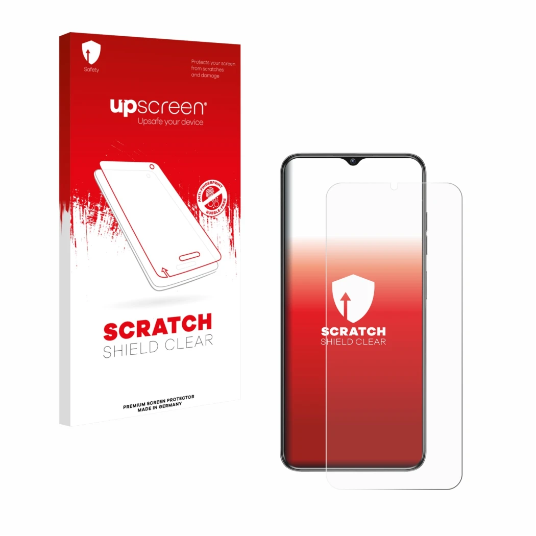 Parte frontal de un envase de producto con el logotipo de la marca upscreen. Al lado se muestra el dispositivo Oukitel C1 con 