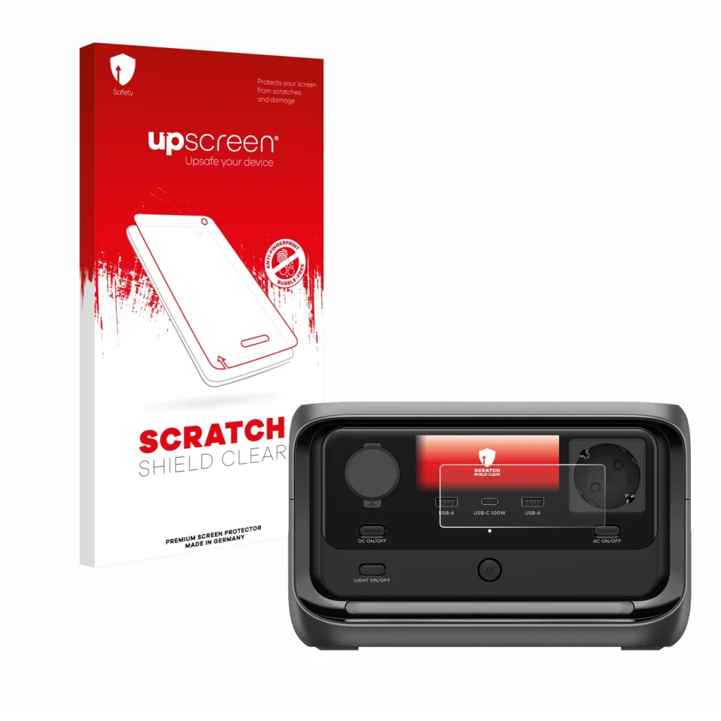 Parte frontal de un envase de producto con el logotipo de la marca upscreen. Al lado se muestra el dispositivo EcoFlow River 3