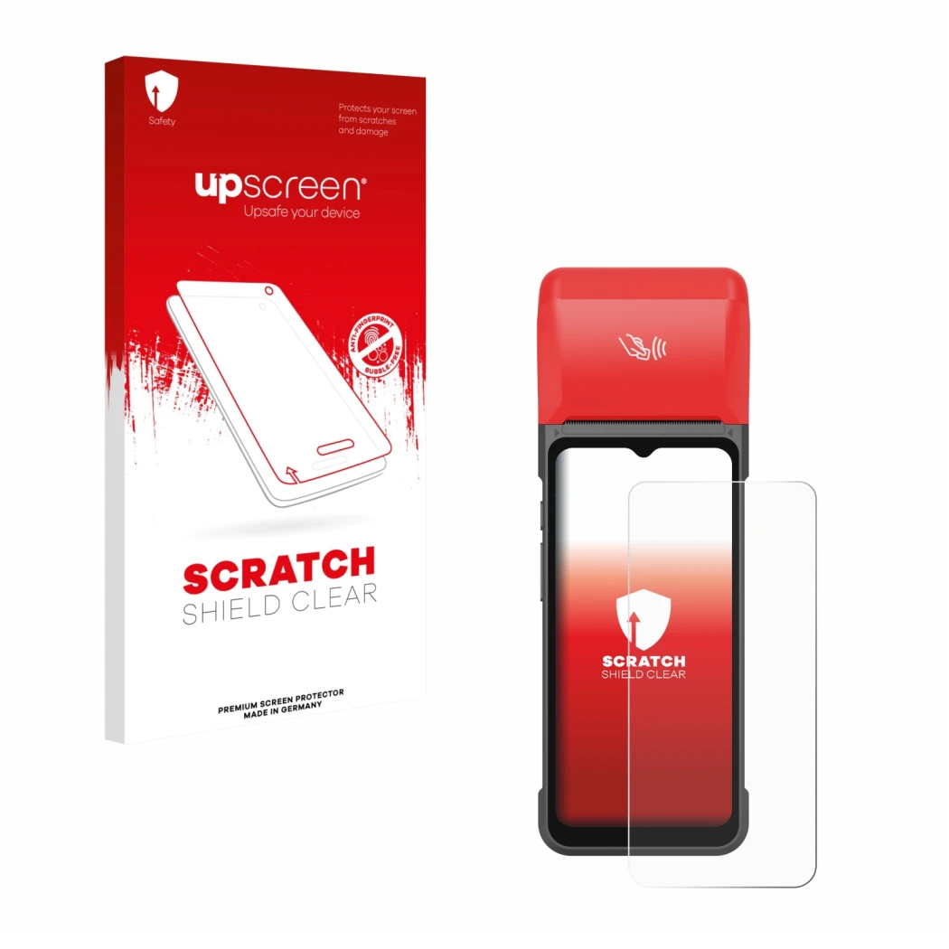 Parte frontal de un envase de producto con el logotipo de la marca upscreen. Al lado se muestra el dispositivo iMin Swift 2 Pr