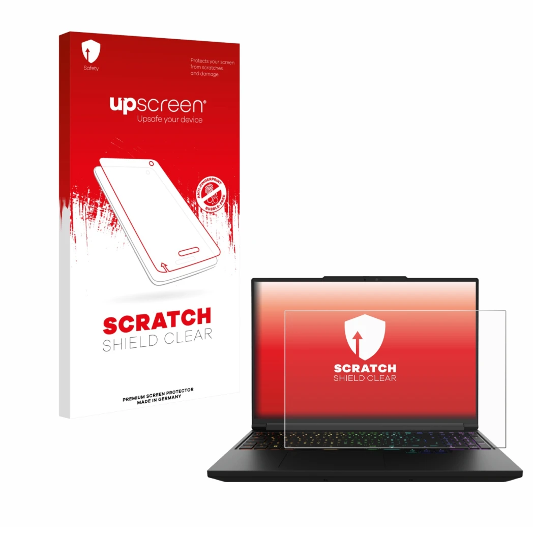 Parte frontal de un envase de producto con el logotipo de la marca upscreen. Al lado se muestra el dispositivo XMG Pro 16 con