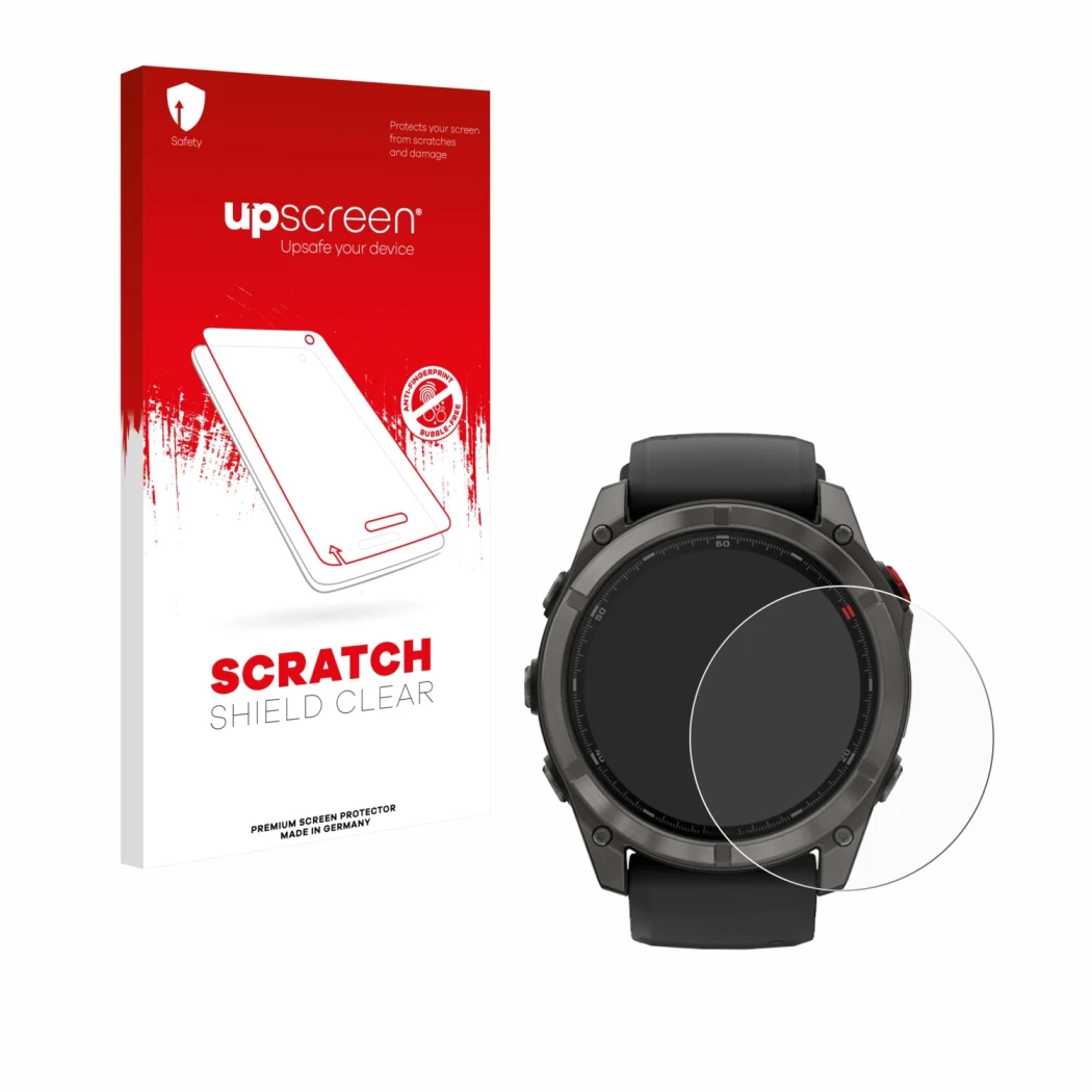 Parte frontal de un envase de producto con el logotipo de la marca upscreen. Al lado se muestra el dispositivo Garmin Fenix 8