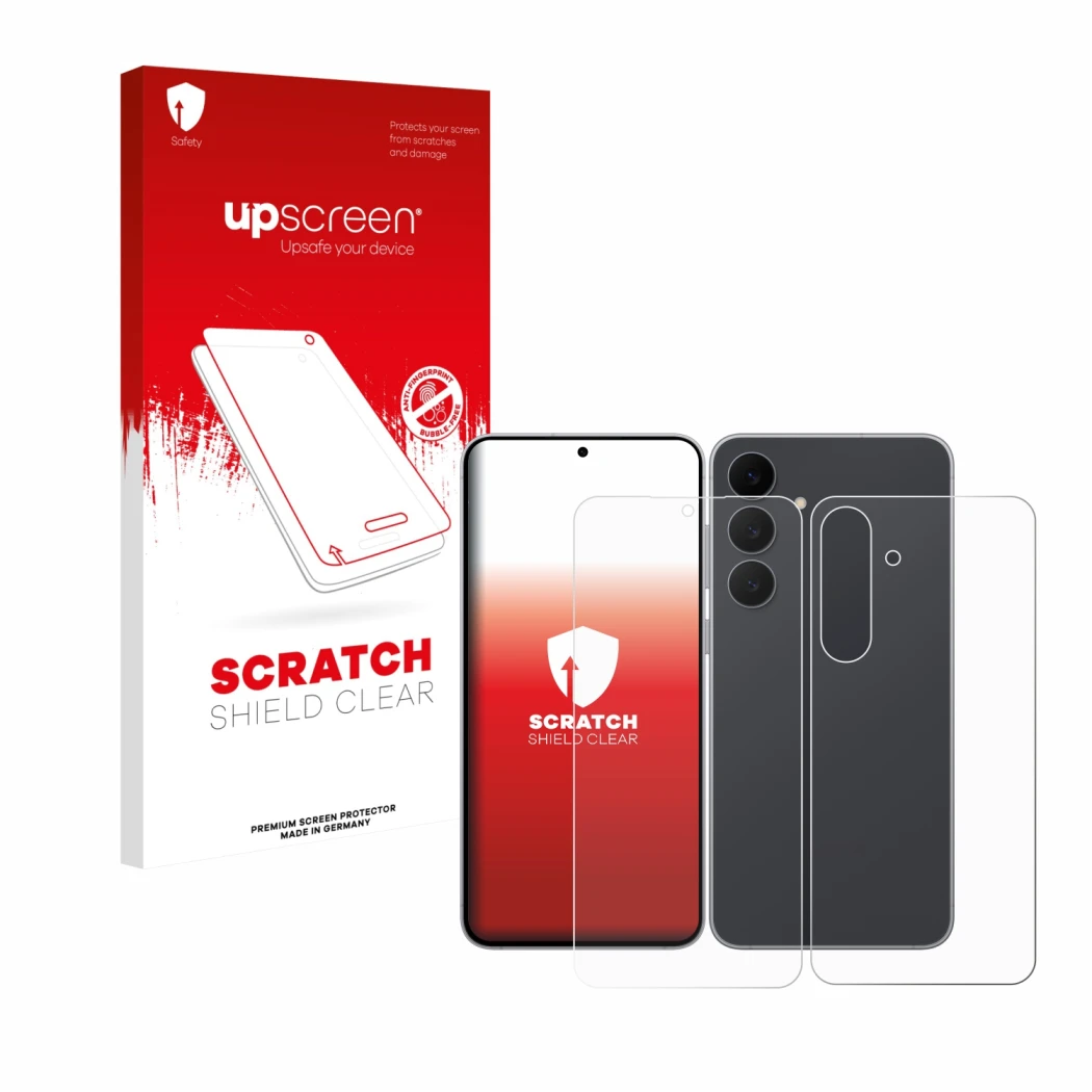 Parte frontal de un envase de producto con el logotipo de la marca upscreen. Al lado se muestra el dispositivo Samsung Galaxy 