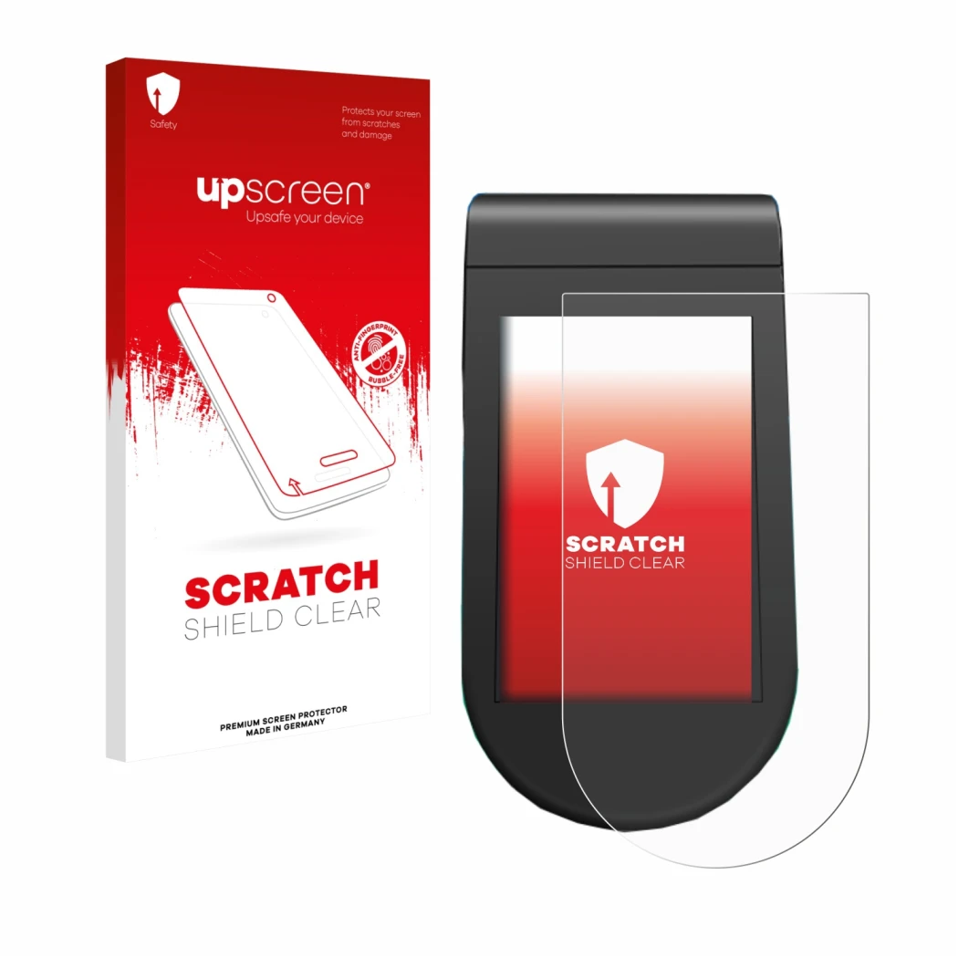 Parte frontal de un envase de producto con el logotipo de la marca upscreen. Al lado se muestra el dispositivo SoFlow SO4 Pro
