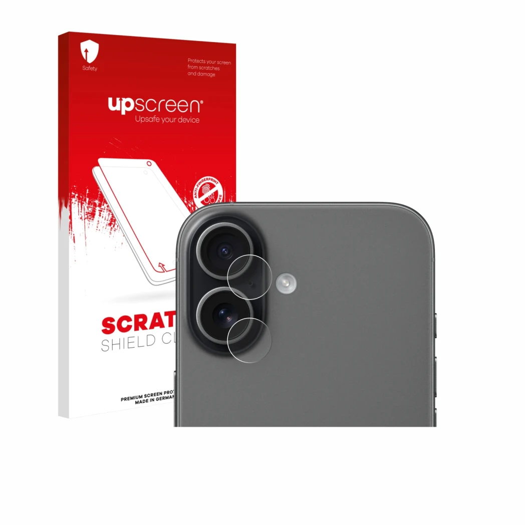 Parte frontal de un envase de producto con el logotipo de la marca upscreen. Al lado se muestra el dispositivo Apple iPhone 17