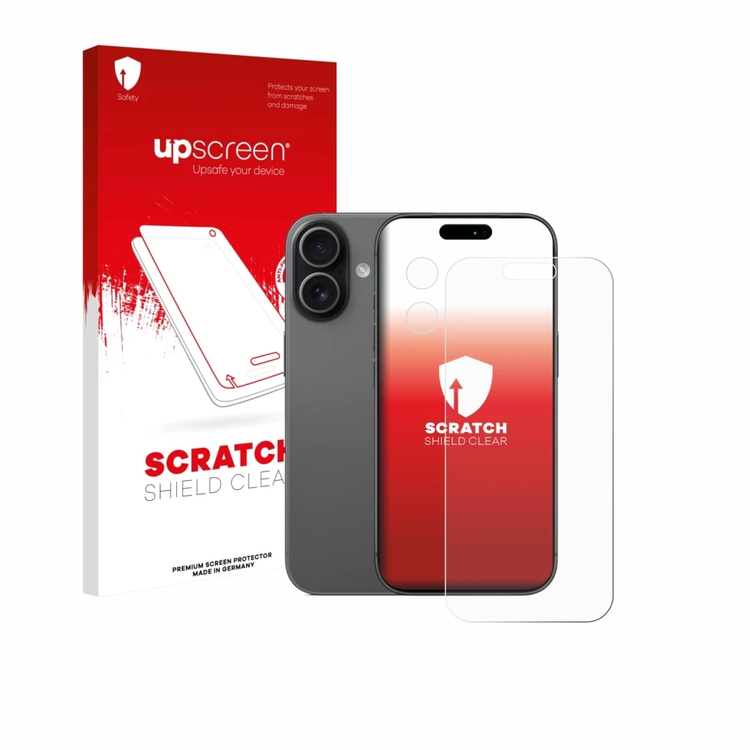 Parte frontal de un envase de producto con el logotipo de la marca upscreen. Al lado se muestra el dispositivo Apple iPhone 17