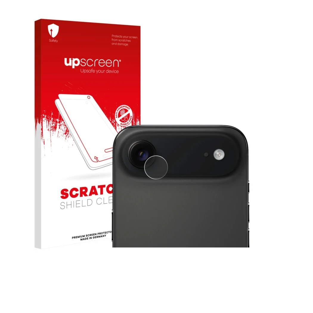 Parte frontal de un envase de producto con el logotipo de la marca upscreen. Al lado se muestra el dispositivo Apple iPhone Ai