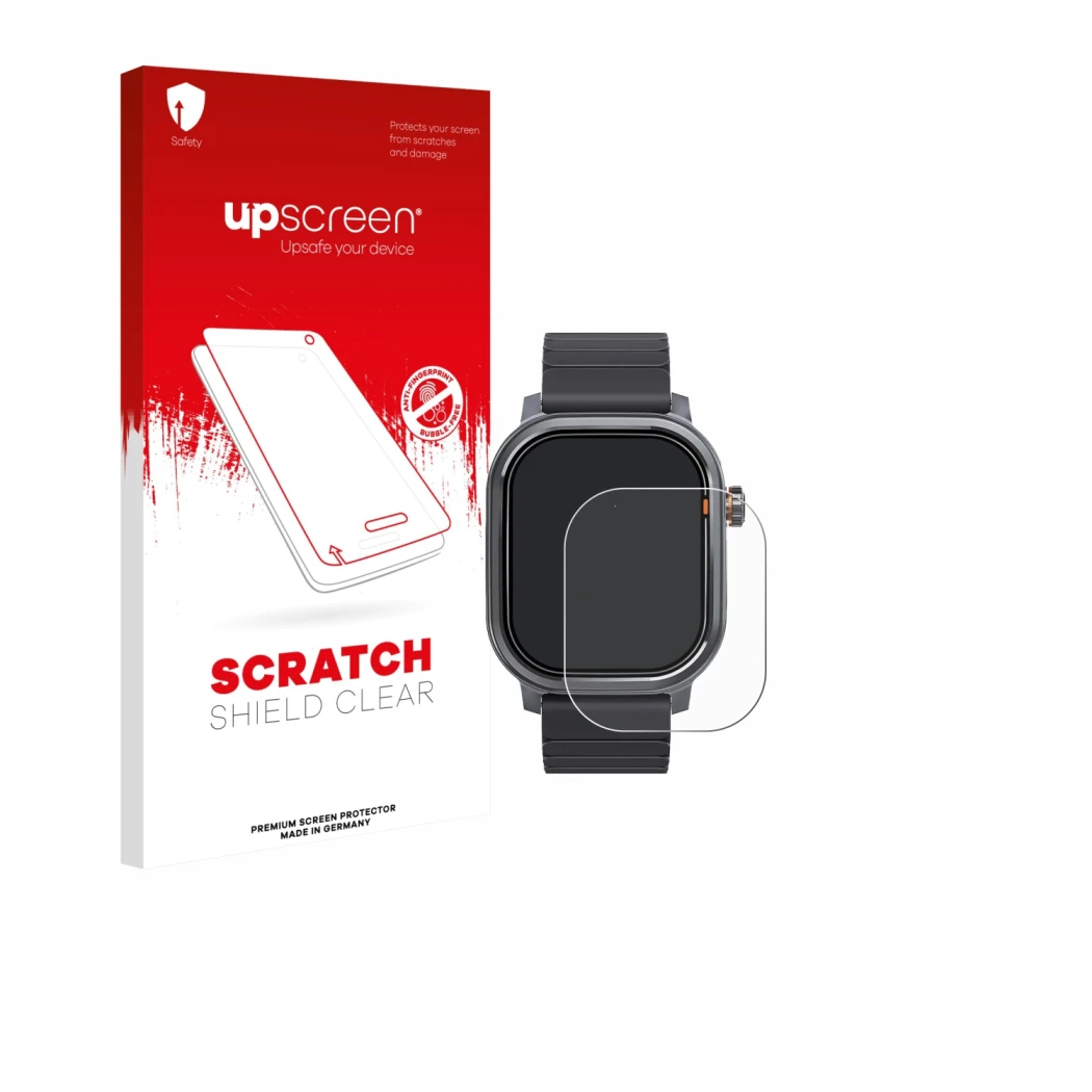 Parte frontal de un envase de producto con el logotipo de la marca upscreen. Al lado se muestra el dispositivo Kospet Pulse co