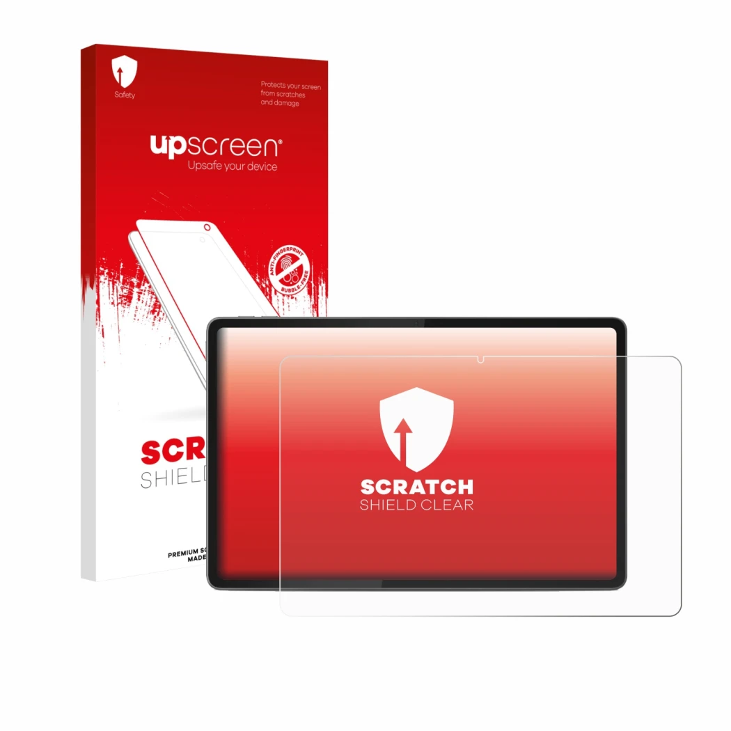 Parte frontal de un envase de producto con el logotipo de la marca upscreen. Al lado se muestra el dispositivo Lenovo Yoga Tab