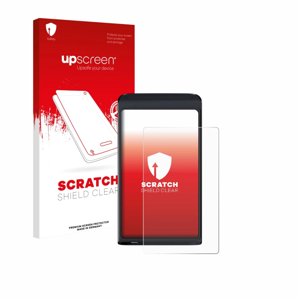 Parte frontal de un envase de producto con el logotipo de la marca upscreen. Al lado se muestra el dispositivo Vasco Translato