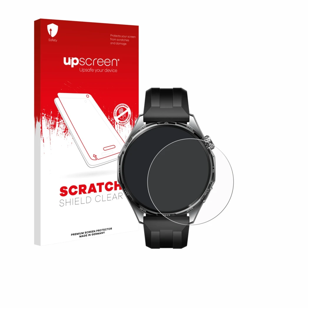 Parte frontal de un envase de producto con el logotipo de la marca upscreen. Al lado se muestra el dispositivo Huawei Watch GT