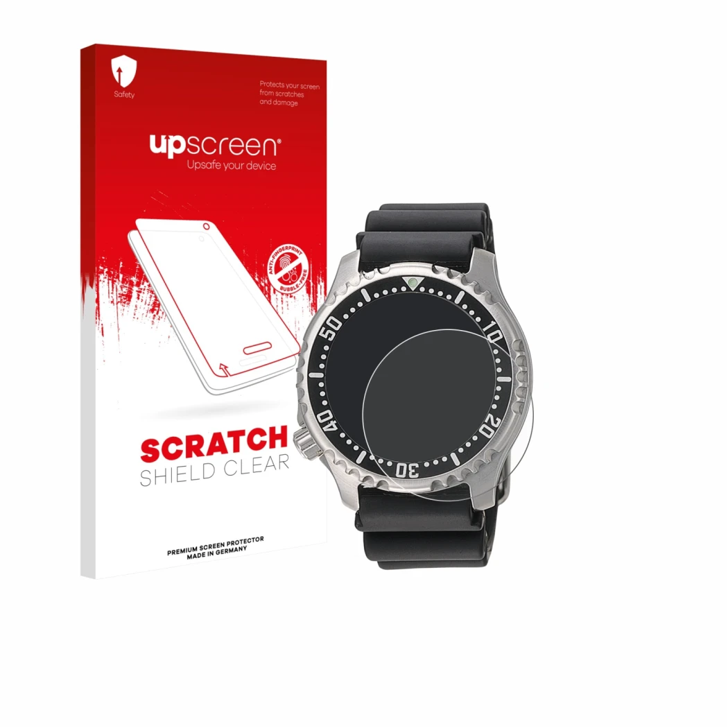 Parte frontal de un envase de producto con el logotipo de la marca upscreen. Al lado se muestra el dispositivo Citizen NY0040