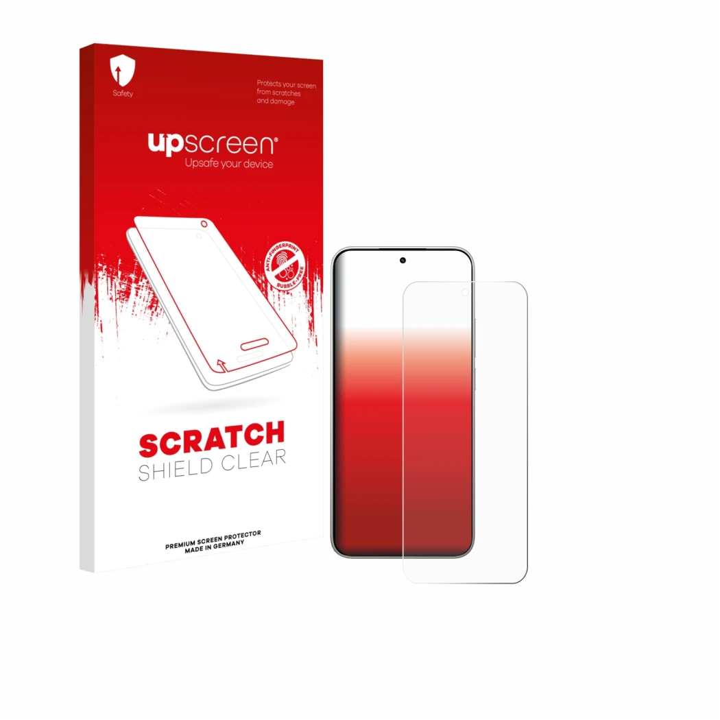 Parte frontal de un envase de producto con el logotipo de la marca upscreen. Al lado se muestra el dispositivo Xiaomi 15T con 