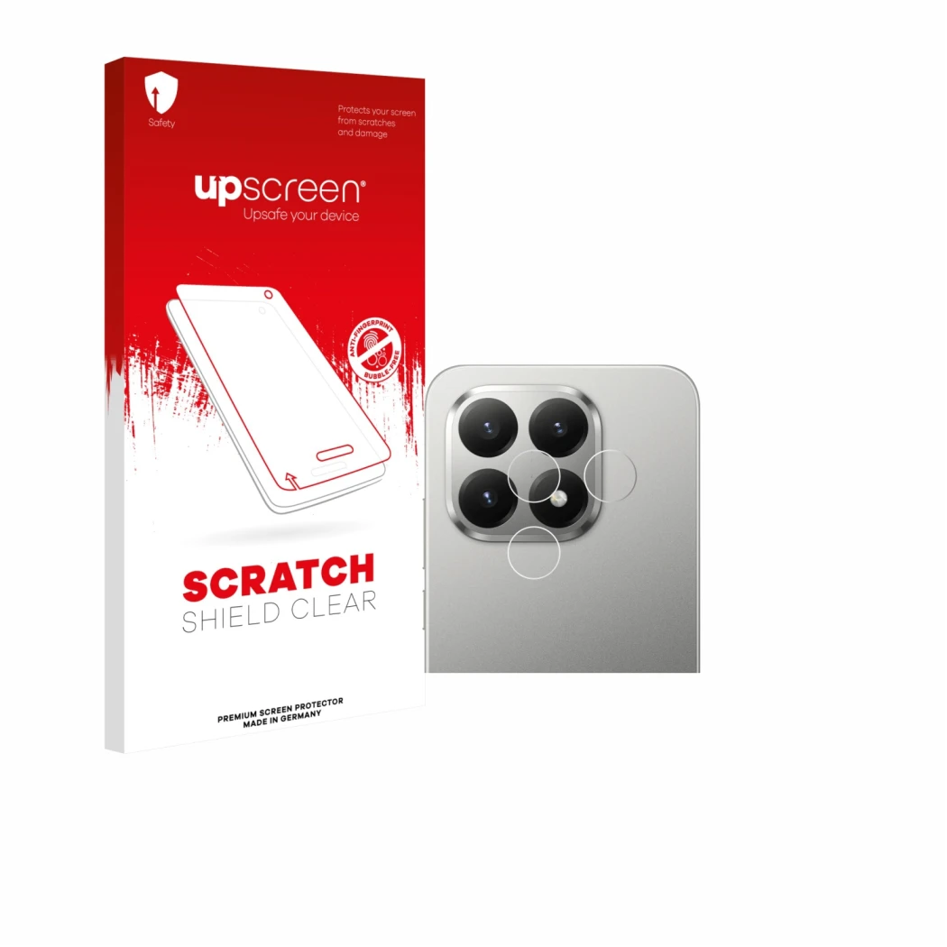 Parte frontal de un envase de producto con el logotipo de la marca upscreen. Al lado se muestra el dispositivo Xiaomi 15T (SÓL