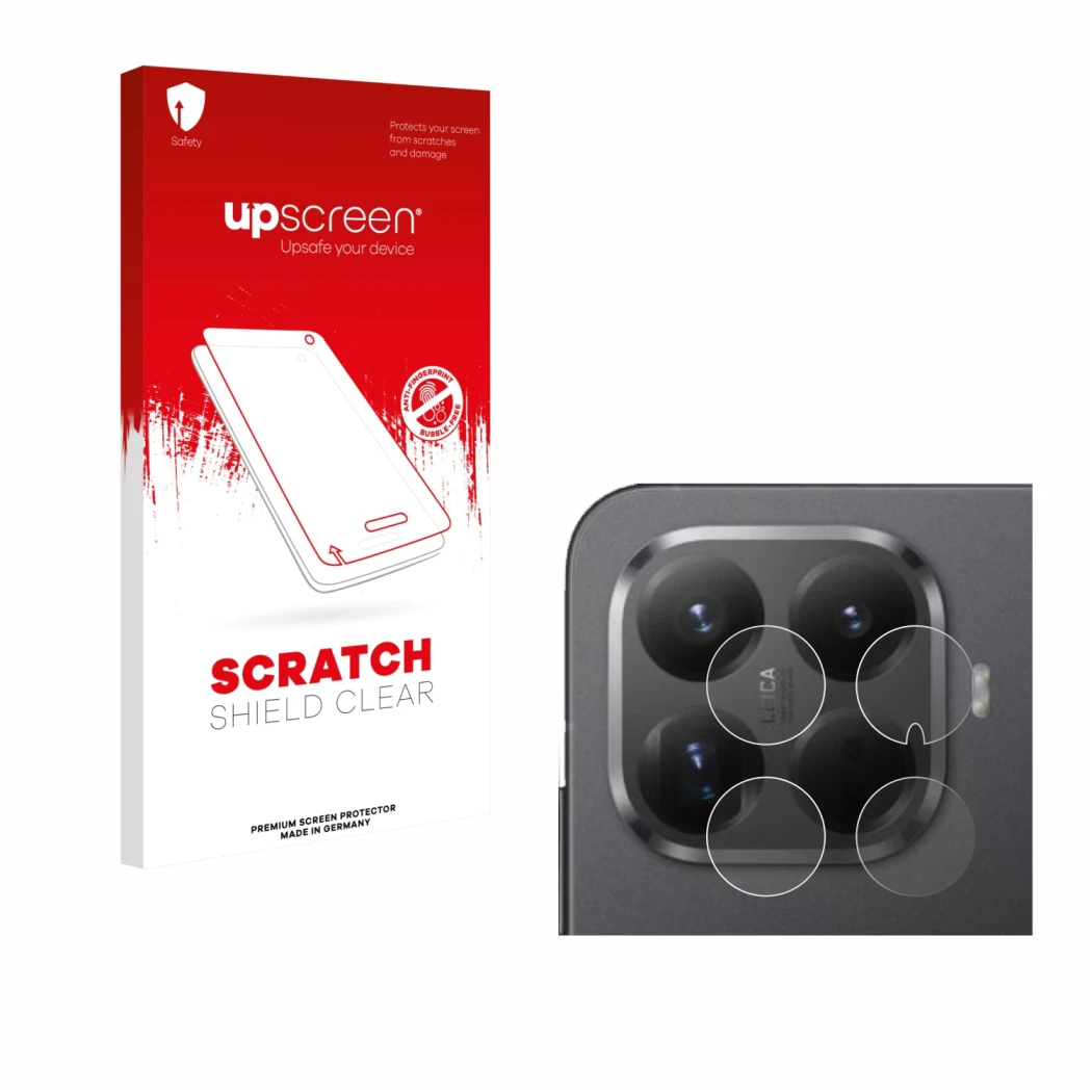 Parte frontal de un envase de producto con el logotipo de la marca upscreen. Al lado se muestra el dispositivo Xiaomi 15T Pro 