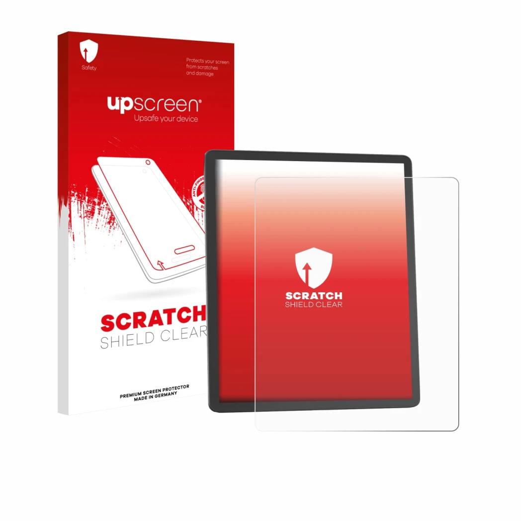 Parte frontal de un envase de producto con el logotipo de la marca upscreen. Al lado se muestra el dispositivo Amazon Kindle S