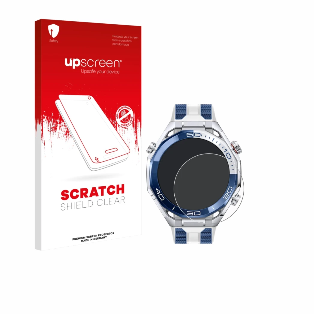 Parte frontal de un envase de producto con el logotipo de la marca upscreen. Al lado se muestra el dispositivo Huawei Watch Ul