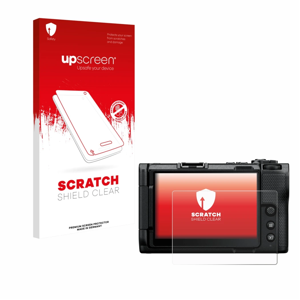 Parte frontal de un envase de producto con el logotipo de la marca upscreen. Al lado se muestra el dispositivo Nikon ZR con su