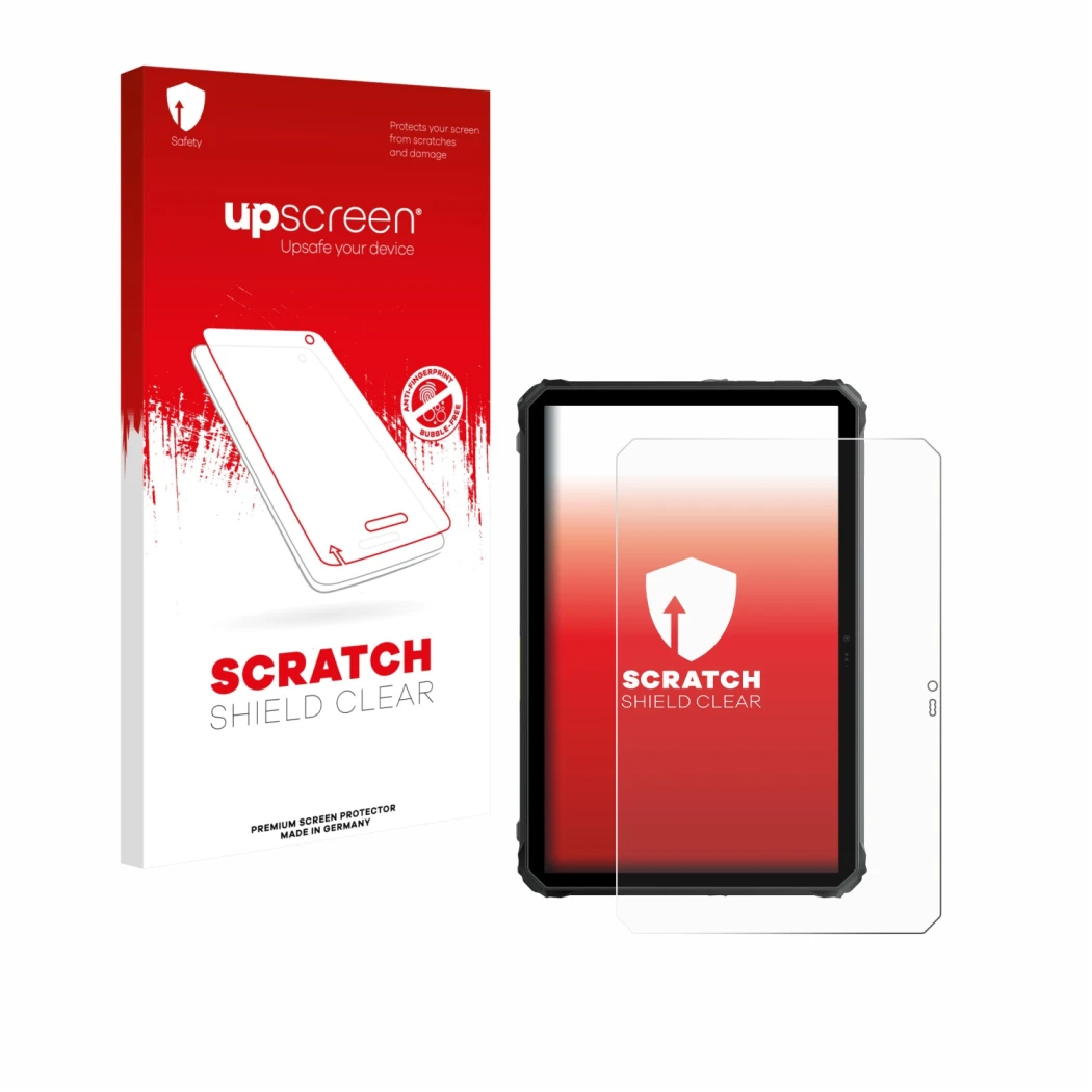 Parte frontal de un envase de producto con el logotipo de la marca upscreen. Al lado se muestra el dispositivo Blackview Activ