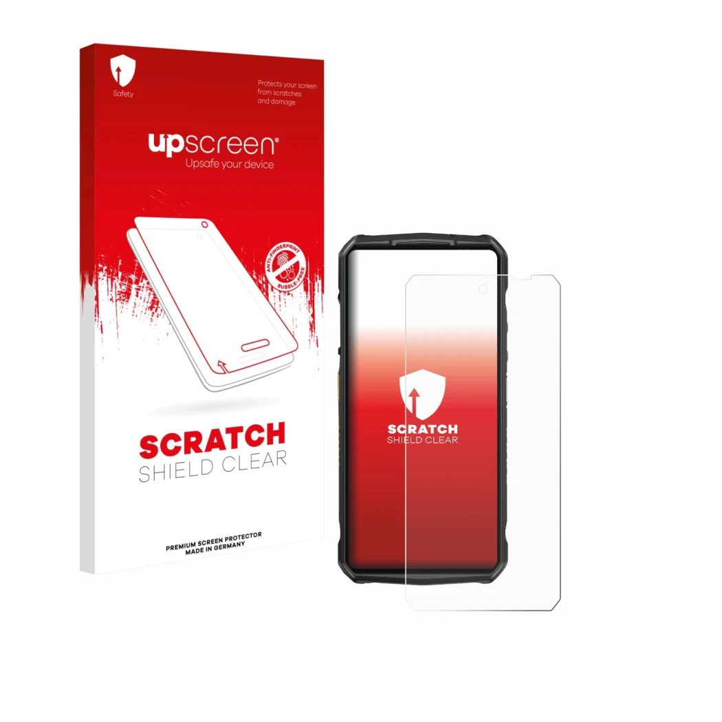 Parte frontal de un envase de producto con el logotipo de la marca upscreen. Al lado se muestra el dispositivo Ulefone 29 pro