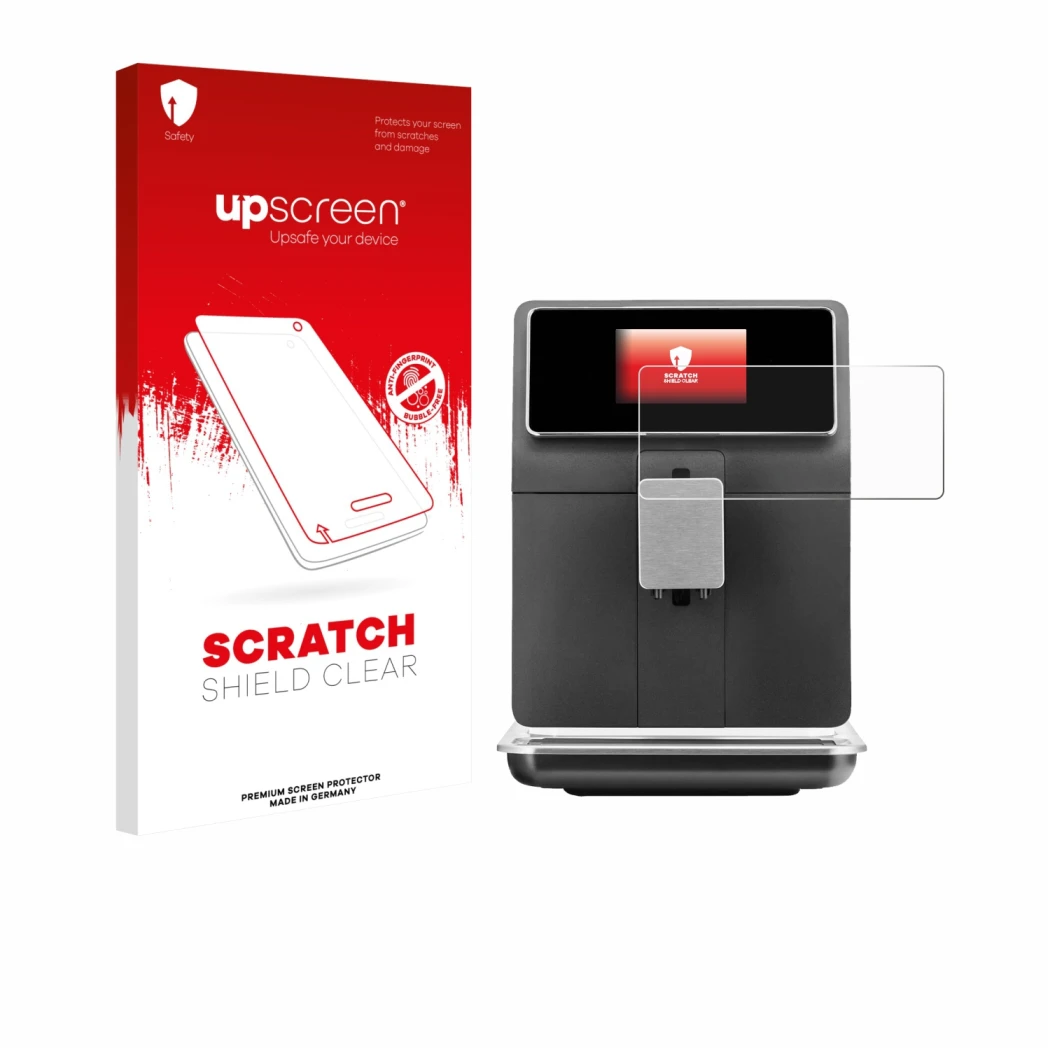 Parte frontal de un envase de producto con el logotipo de la marca upscreen. Al lado se muestra el dispositivo WMF Perfection