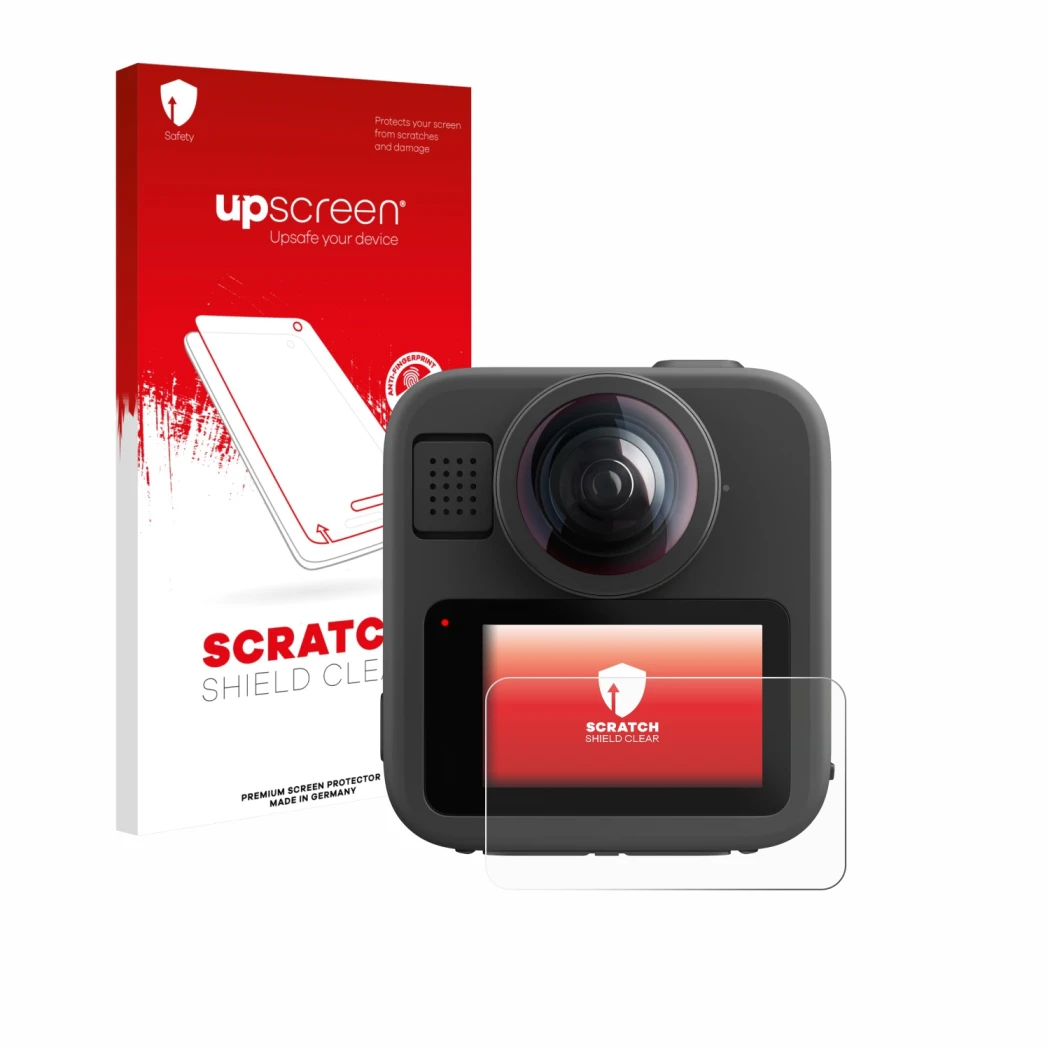 Parte frontal de un envase de producto con el logotipo de la marca upscreen. Al lado se muestra el dispositivo GoPro Max 2 con