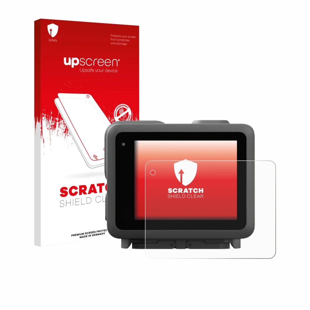 Parte frontal de un envase de producto con el logotipo de la marca upscreen. Al lado se muestra el dispositivo GoPro Lit Hero 