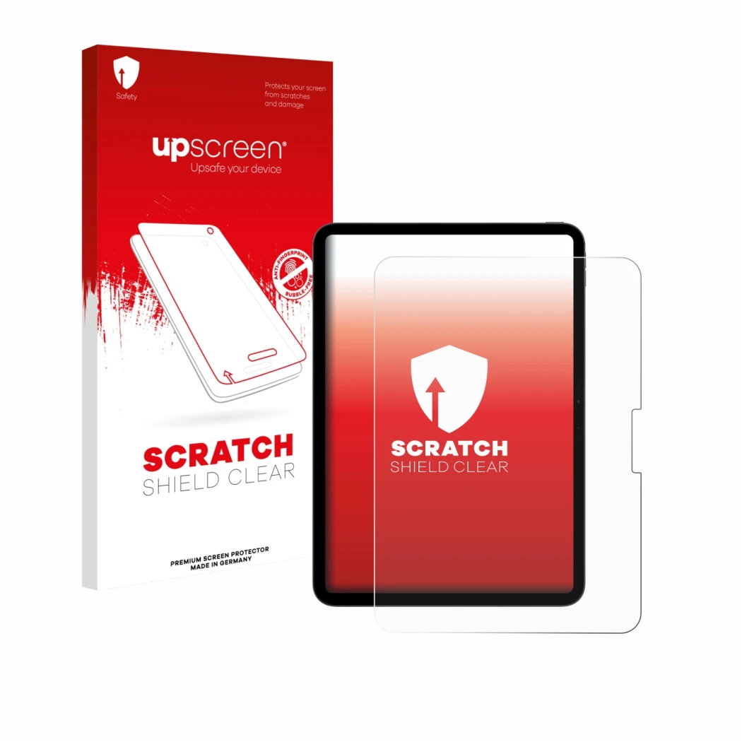 Parte frontal de un envase de producto con el logotipo de la marca upscreen. Al lado se muestra el dispositivo Apple iPad Pro 