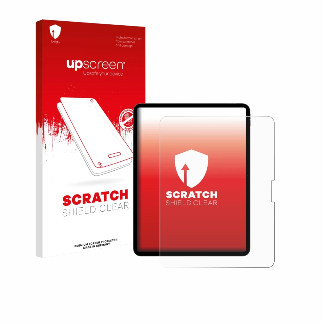 Parte frontal de un envase de producto con el logotipo de la marca upscreen. Al lado se muestra el dispositivo Apple iPad Pro