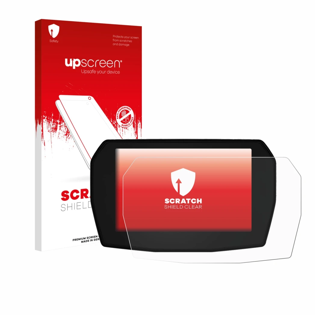 Parte frontal de un envase de producto con el logotipo de la marca upscreen. Al lado se muestra el dispositivo Ducati Multistr