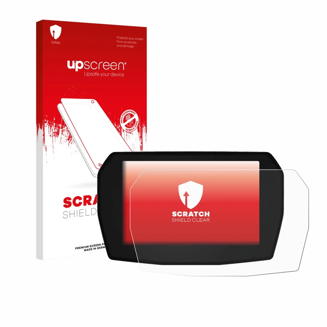 Parte frontal de un envase de producto con el logotipo de la marca upscreen. Al lado se muestra el dispositivo Ducati Panigale